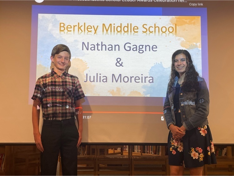 two students standing in front of the Berkley Middle School sign 