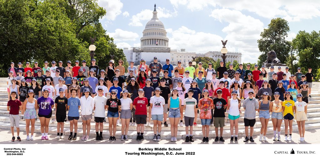 Grade 8 standing on the steps in front of the Capital Building in Washington DC