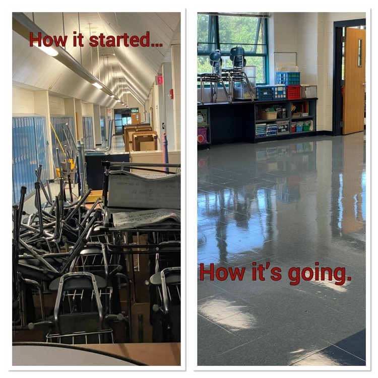 picture showing desks in the hallway and then the shiny classroom floors after being waxed  