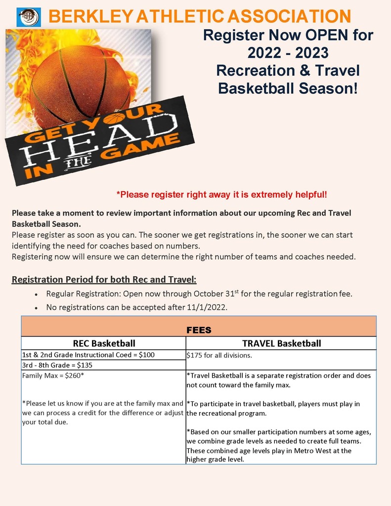 2022-2023 Berkley Athletic Association Recreational and Travel Basketball Registration Flyer