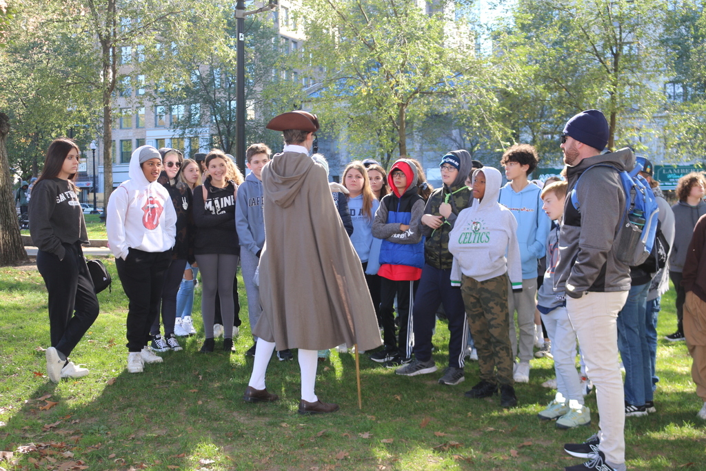 Grade 8 students listening to the tour guide of the Freedom TrailGrade 8 students listening to the tour guide of the Freedom Trail