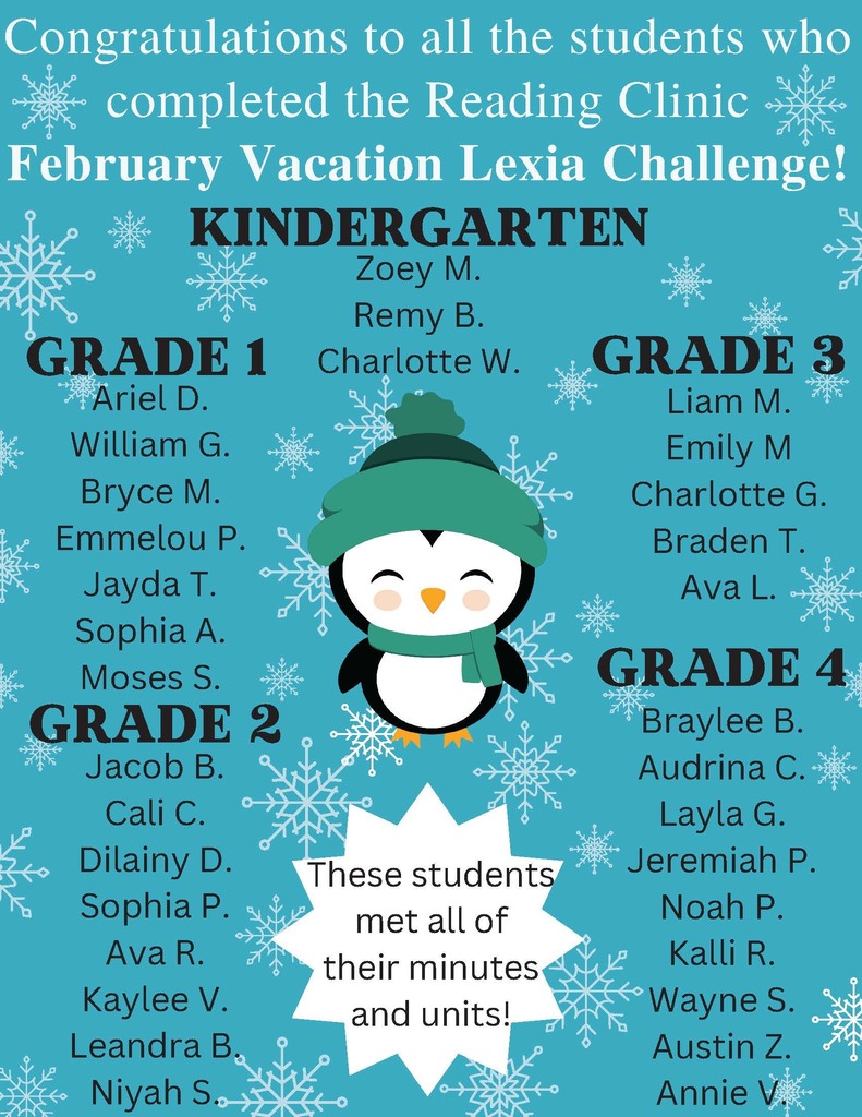 Congratulations to our February Vacation Lexia Challenge Students